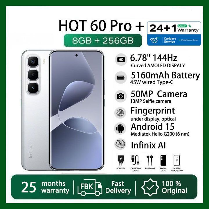 [Christmas Offer] Infinix Hot 60 Pro Plus 256GB+16(8+8)GB 6.78" 144Hz Curved Screen Dual SIM 4G Slim Phone 45W 5160mAh  50MP Camera IP64 JBL Gyroscope MTK Helio G200 Hot 60 Pro+ Smart AI Phones