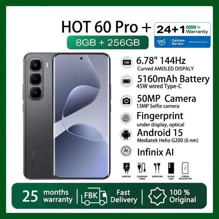 [Christmas Offer] Infinix Hot 60 Pro Plus 256GB+16(8+8)GB 6.78" 144Hz Curved Screen Dual SIM 4G Slim Phone 45W 5160mAh  50MP Camera IP64 JBL Gyroscope MTK Helio G200 Hot 60 Pro+ Smart AI Phones