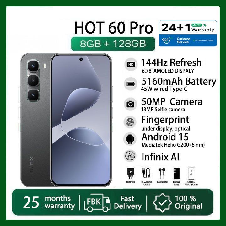 Infinix Hot 60 Pro 128GB+16(8+8)GB 6.78" 144Hz Screen 4G Slim Phone Dual SIM 5160mAh 45W Fast Charging 50MP Camera Fingerprint Lock NFC MTK Helio G200 Gyroscope AI Smart Phones