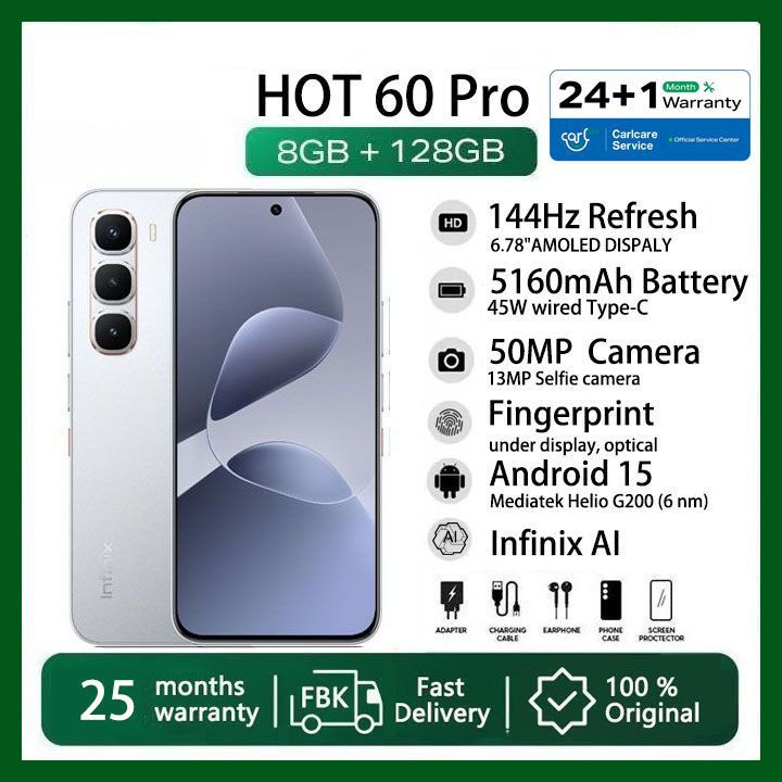 Infinix Hot 60 Pro 128GB+16(8+8)GB 6.78" 144Hz Screen 4G Slim Phone Dual SIM 5160mAh 45W Fast Charging 50MP Camera Fingerprint Lock NFC MTK Helio G200 Gyroscope AI Smart Phones