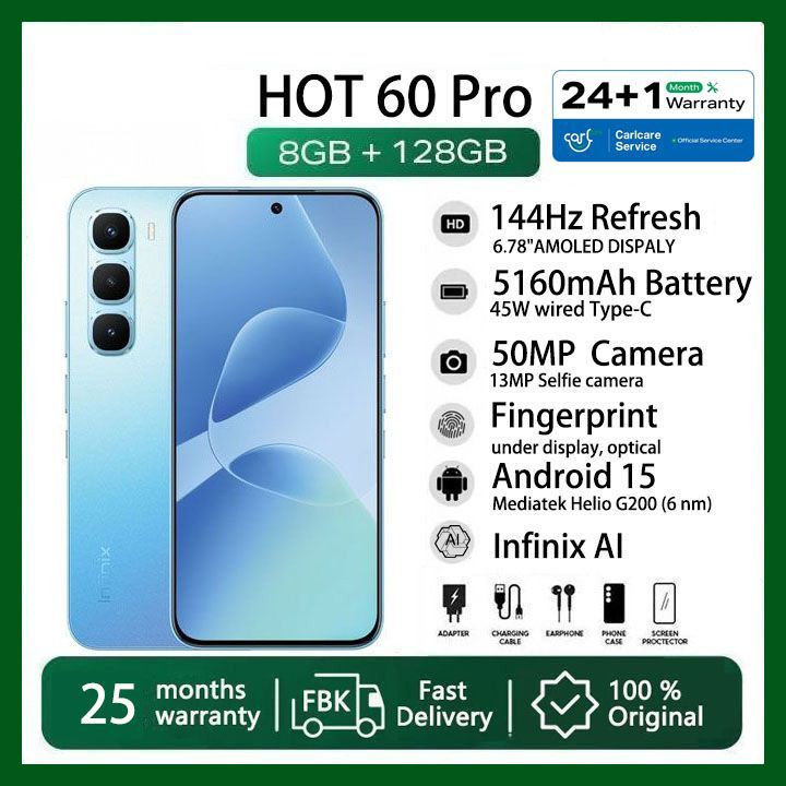 Infinix Hot 60 Pro 128GB+16(8+8)GB 6.78" 144Hz Screen 4G Slim Phone Dual SIM 5160mAh 45W Fast Charging 50MP Camera Fingerprint Lock NFC MTK Helio G200 Gyroscope AI Smart Phones