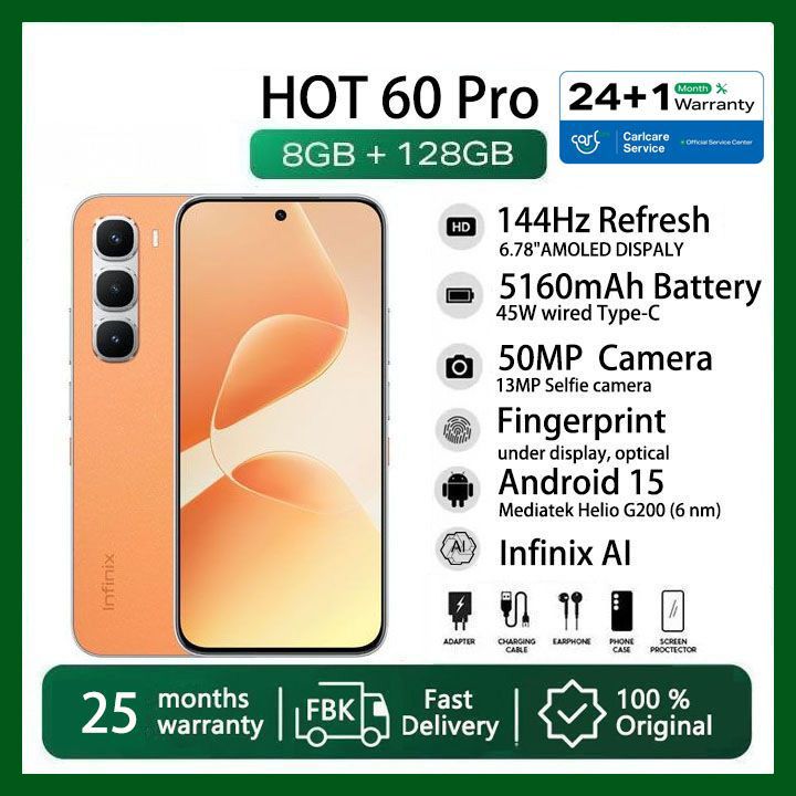 Infinix Hot 60 Pro 128GB+16(8+8)GB 6.78" 144Hz Screen 4G Slim Phone Dual SIM 5160mAh 45W Fast Charging 50MP Camera Fingerprint Lock NFC MTK Helio G200 Gyroscope AI Smart Phones