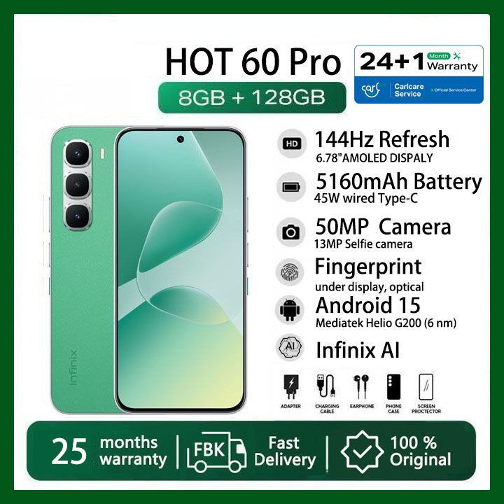 Infinix Hot 60 Pro 128GB+16(8+8)GB 6.78" 144Hz Screen 4G Slim Phone Dual SIM 5160mAh 45W Fast Charging 50MP Camera Fingerprint Lock NFC MTK Helio G200 Gyroscope AI Smart Phones