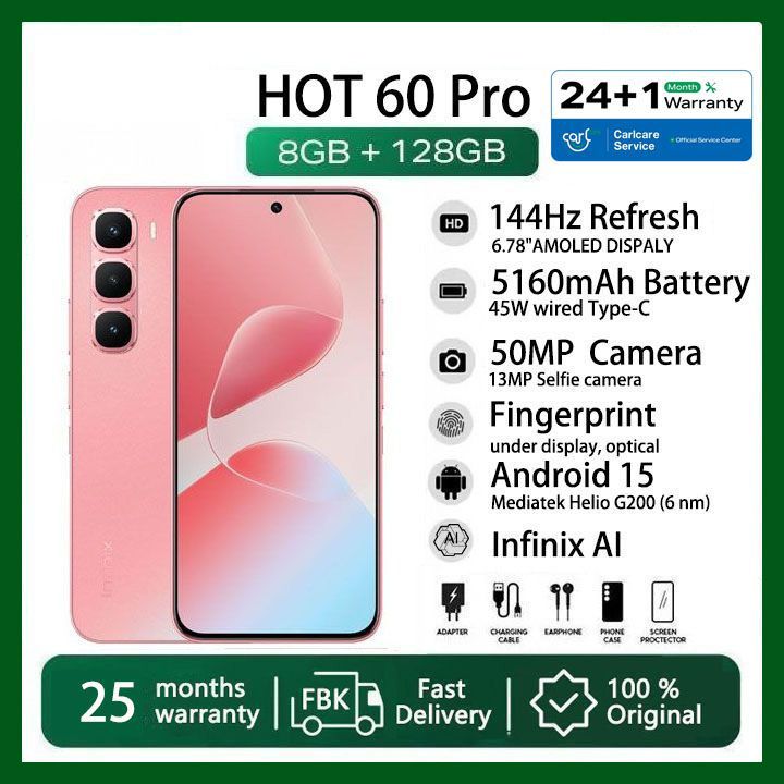 Infinix Hot 60 Pro 128GB+16(8+8)GB 6.78" 144Hz Screen 4G Slim Phone Dual SIM 5160mAh 45W Fast Charging 50MP Camera Fingerprint Lock NFC MTK Helio G200 Gyroscope AI Smart Phones