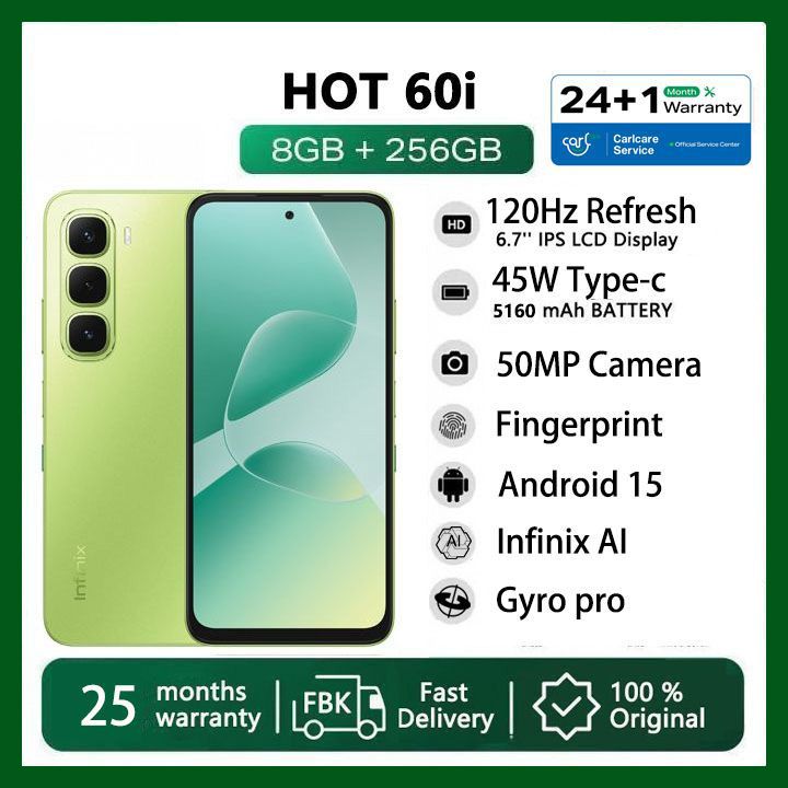 Infinix Hot 60i 256GB+16(8+8)GB 6.7" 120Hz 4G Slim Phone Dual SIM 5160mAh 45W Fast Charging 50MP Camera Fingerprint Lock IP64 Gyroscope G81 Ultimate One-Tap AI Smart Phones