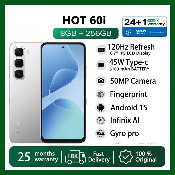 Infinix Hot 60i 256GB+16(8+8)GB 6.7" 120Hz 4G Slim Phone Dual SIM 5160mAh 45W Fast Charging 50MP Camera Fingerprint Lock IP64 Gyroscope G81 Ultimate One-Tap AI Smart Phones
