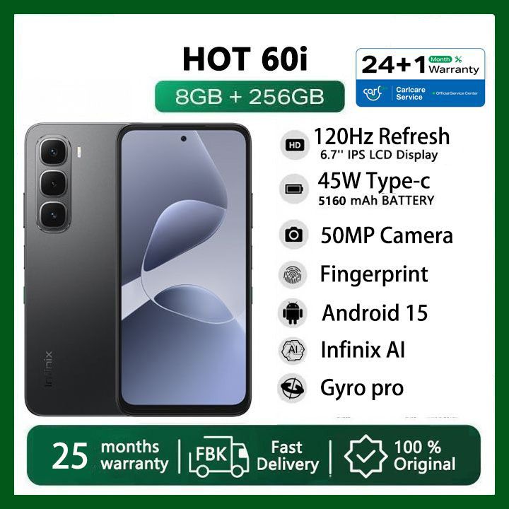 Infinix Hot 60i 256GB+16(8+8)GB 6.7" 120Hz 4G Slim Phone Dual SIM 5160mAh 45W Fast Charging 50MP Camera Fingerprint Lock IP64 Gyroscope G81 Ultimate One-Tap AI Smart Phones