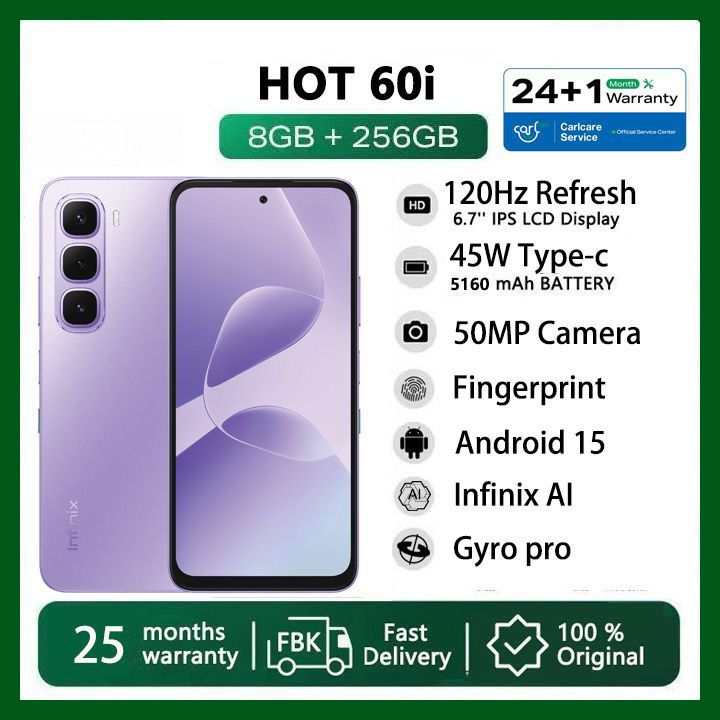 Infinix Hot 60i 256GB+16(8+8)GB 6.7" 120Hz 4G Slim Phone Dual SIM 5160mAh 45W Fast Charging 50MP Camera Fingerprint Lock IP64 Gyroscope G81 Ultimate One-Tap AI Smart Phones
