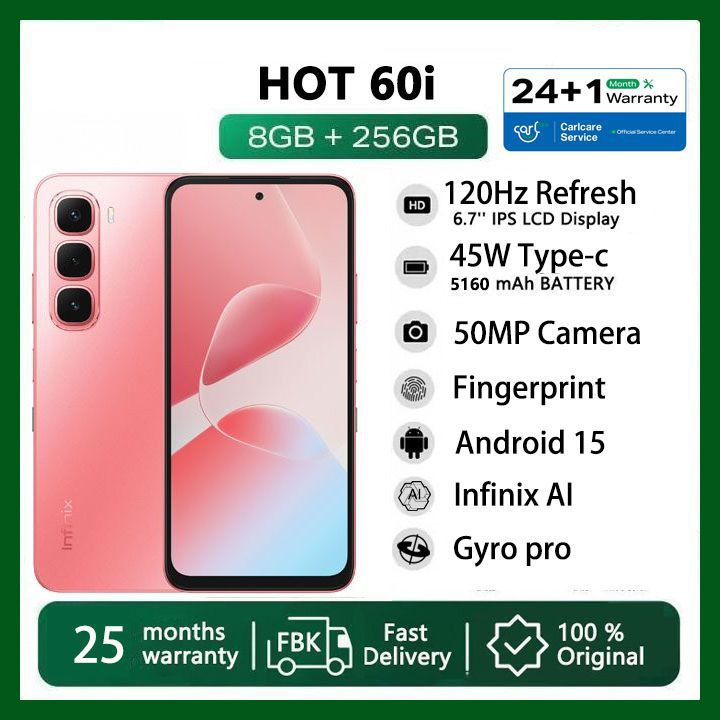 Infinix Hot 60i 256GB+16(8+8)GB 6.7" 120Hz 4G Slim Phone Dual SIM 5160mAh 45W Fast Charging 50MP Camera Fingerprint Lock IP64 Gyroscope G81 Ultimate One-Tap AI Smart Phones