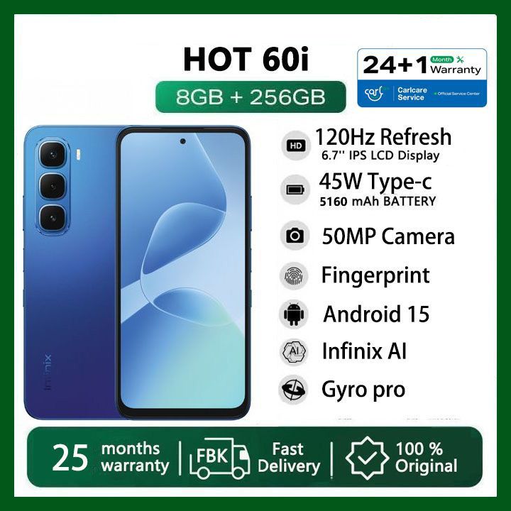 Infinix Hot 60i 256GB+16(8+8)GB 6.7" 120Hz 4G Slim Phone Dual SIM 5160mAh 45W Fast Charging 50MP Camera Fingerprint Lock IP64 Gyroscope G81 Ultimate One-Tap AI Smart Phones