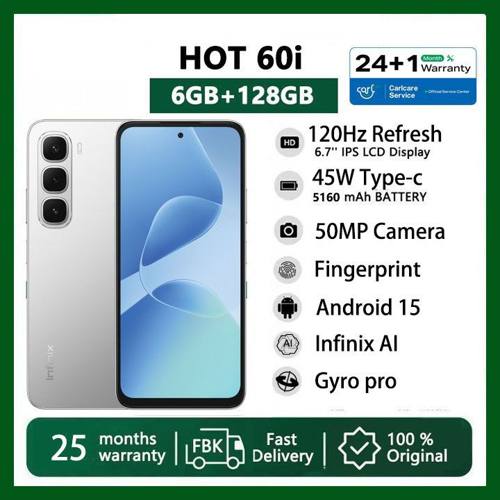 [Black Friday Offer] Infinix Hot 60i 6GB RAM + 128GB 6.7" 120Hz 4G Slim Phone Dual SIM 5160mAh 45W Fast Charging 50MP Camera IP64 Fingerprint Lock Gyroscope MTK G81 Ultimate One-Tap AI Smart Phones