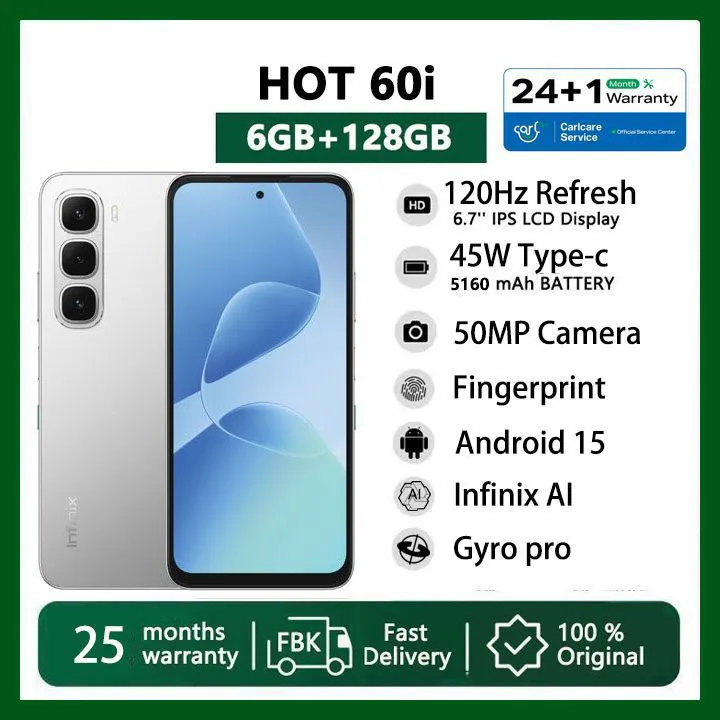 [Black Friday Offer] Infinix Hot 60i 6GB RAM + 128GB 6.7" 120Hz 4G Slim Phone Dual SIM 5160mAh 45W Fast Charging 50MP Camera IP64 Fingerprint Lock Gyroscope MTK G81 Ultimate One-Tap AI Smart Phones