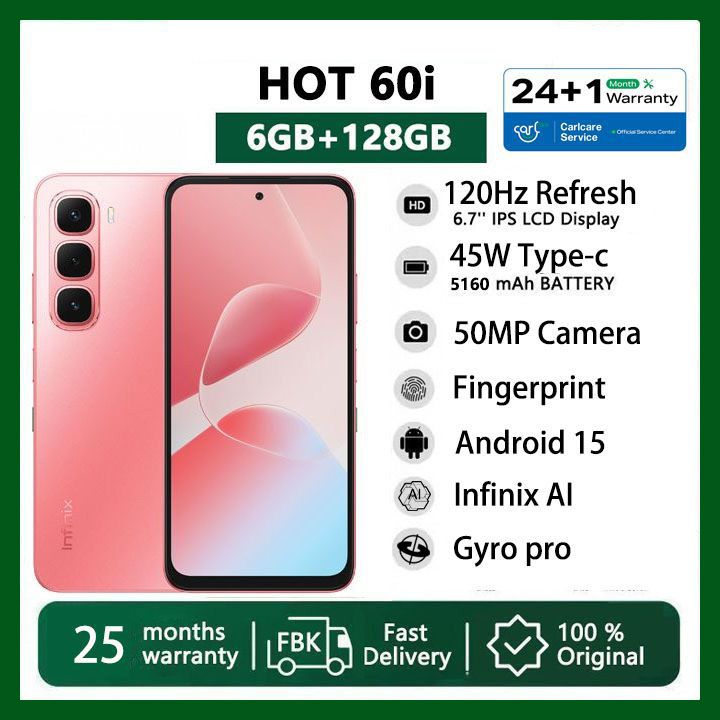 [Black Friday Offer] Infinix Hot 60i 6GB RAM + 128GB 6.7" 120Hz 4G Slim Phone Dual SIM 5160mAh 45W Fast Charging 50MP Camera IP64 Fingerprint Lock Gyroscope MTK G81 Ultimate One-Tap AI Smart Phones