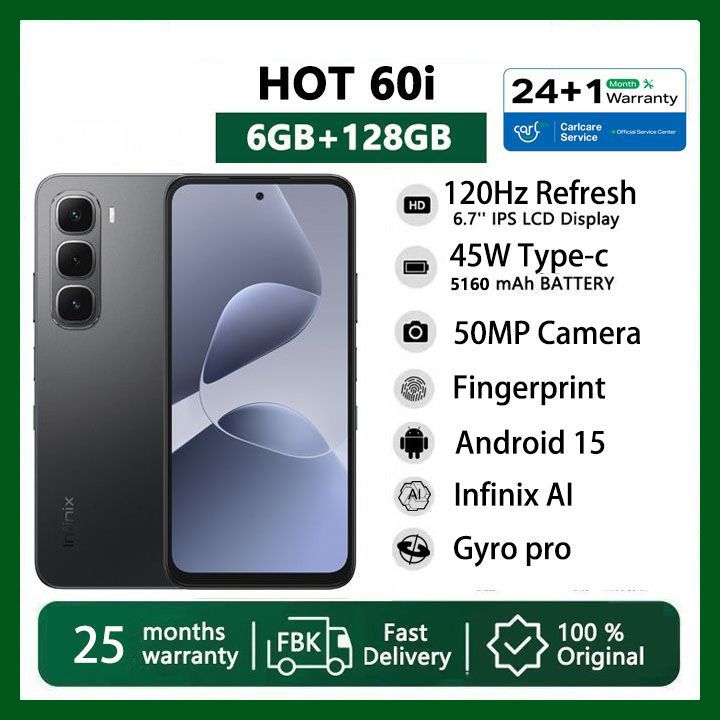 [Black Friday Offer] Infinix Hot 60i 6GB RAM + 128GB 6.7" 120Hz 4G Slim Phone Dual SIM 5160mAh 45W Fast Charging 50MP Camera IP64 Fingerprint Lock Gyroscope MTK G81 Ultimate One-Tap AI Smart Phones