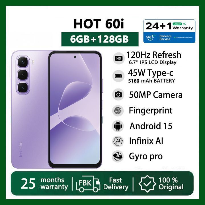 [Black Friday Offer] Infinix Hot 60i 6GB RAM + 128GB 6.7" 120Hz 4G Slim Phone Dual SIM 5160mAh 45W Fast Charging 50MP Camera IP64 Fingerprint Lock Gyroscope MTK G81 Ultimate One-Tap AI Smart Phones