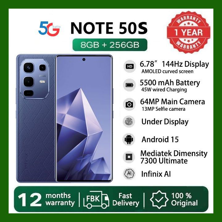 Infinix Note 50S 256GB+16GB (8+8)GB RAM 6.78" 144Hz Screen Dual SIM Slim 5G Phone 63MP Camera 5500mAh Battery 45W charging Android 15 MediaTek Dimensity 7300 Ultimate Smart AI Phones