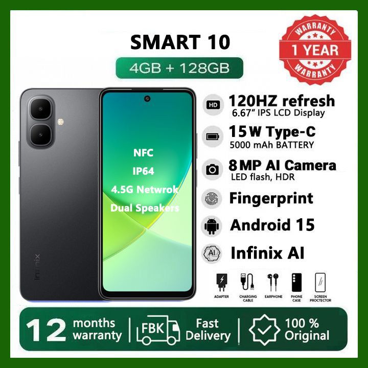 [Black Friday Offer] Infinix Smart 10: 6.67" 120Hz Display, 128GB+4GB, 5000mAh Long-Life Battery, 4.5G Dual SIM,Waterproof, Dual Speakers,15W Charging, NFC, Fingerprint Lock, Android15 AI Smart Phones