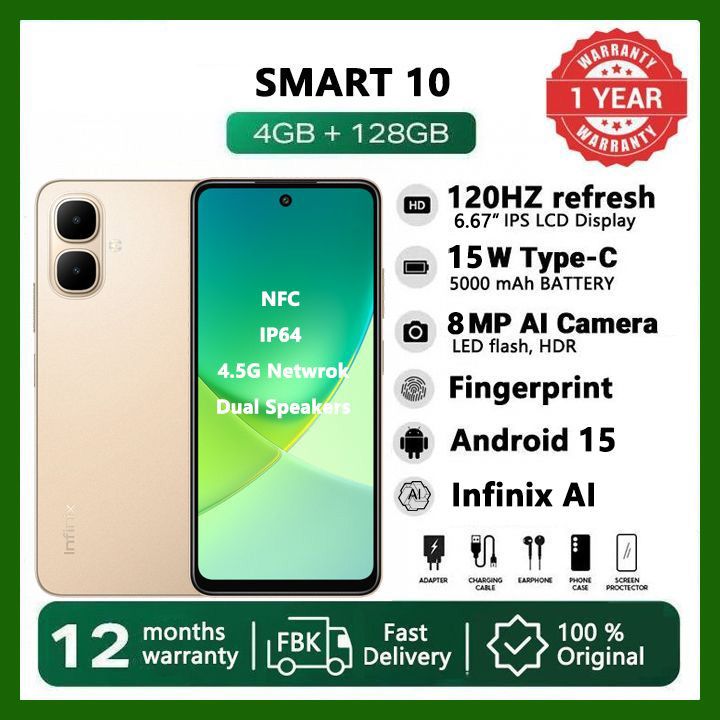 [Black Friday Offer] Infinix Smart 10: 6.67" 120Hz Display, 128GB+4GB, 5000mAh Long-Life Battery, 4.5G Dual SIM,Waterproof, Dual Speakers,15W Charging, NFC, Fingerprint Lock, Android15 AI Smart Phones