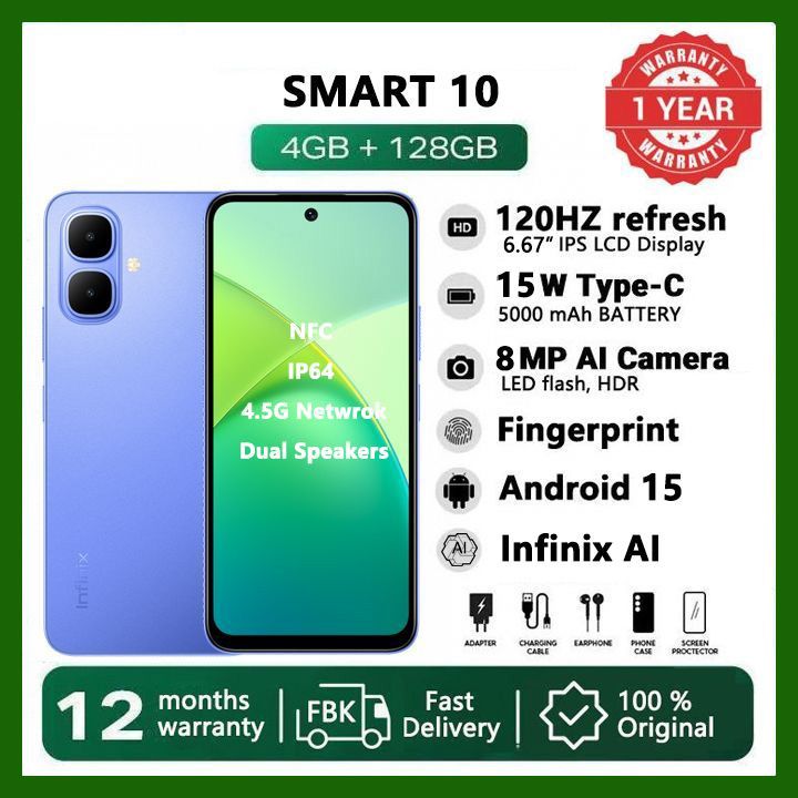 [Black Friday Offer] Infinix Smart 10: 6.67" 120Hz Display, 128GB+4GB, 5000mAh Long-Life Battery, 4.5G Dual SIM,Waterproof, Dual Speakers,15W Charging, NFC, Fingerprint Lock, Android15 AI Smart Phones
