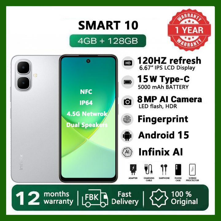 [Black Friday Offer] Infinix Smart 10: 6.67" 120Hz Display, 128GB+4GB, 5000mAh Long-Life Battery, 4.5G Dual SIM,Waterproof, Dual Speakers,15W Charging, NFC, Fingerprint Lock, Android15 AI Smart Phones