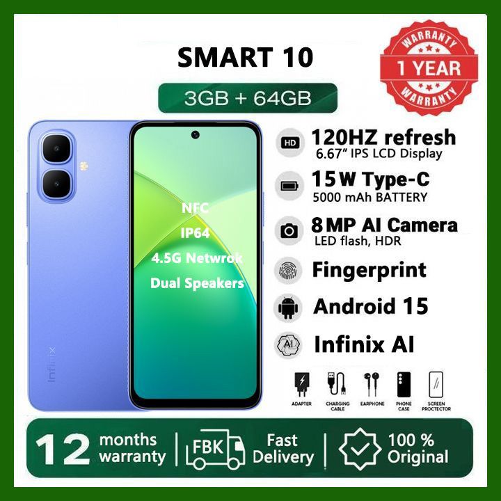 [Black Friday Offer] Infinix Smart 10 64GB 6.67" 120Hz Display Dual Speakers Dual SIM 4.5G Slim Phone 5000mAh Battery 15W Charging IP64 Fingerprint Lock Android 15 NFC One-Tap AI Smart Phones