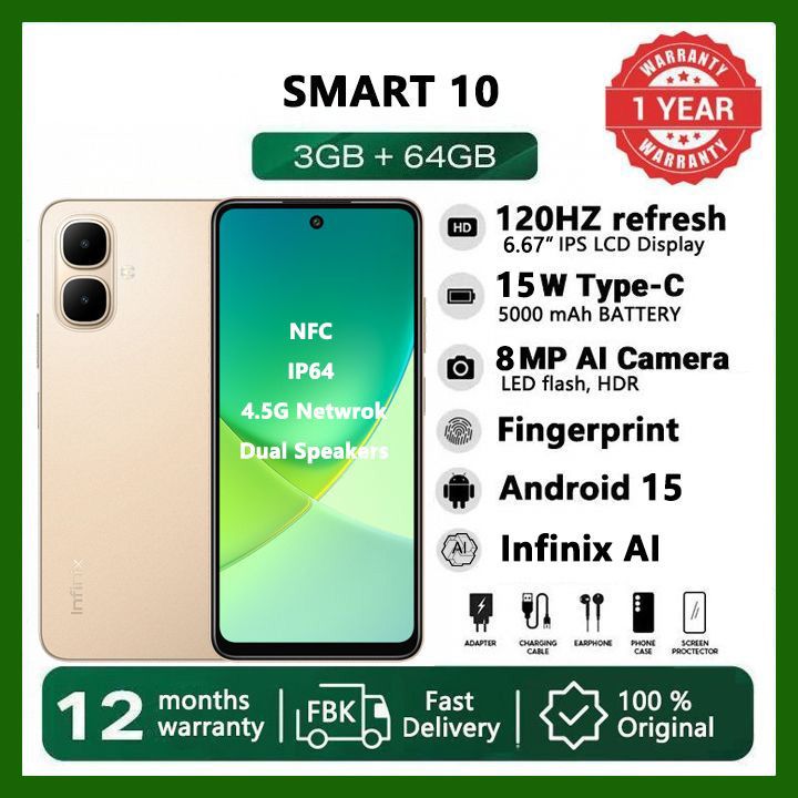 [Black Friday Offer] Infinix Smart 10 64GB 6.67" 120Hz Display Dual Speakers Dual SIM 4.5G Slim Phone 5000mAh Battery 15W Charging IP64 Fingerprint Lock Android 15 NFC One-Tap AI Smart Phones