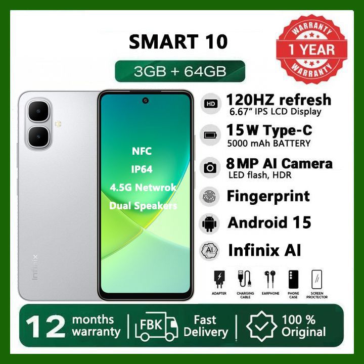 [Black Friday Offer] Infinix Smart 10 64GB 6.67" 120Hz Display Dual Speakers Dual SIM 4.5G Slim Phone 5000mAh Battery 15W Charging IP64 Fingerprint Lock Android 15 NFC One-Tap AI Smart Phones