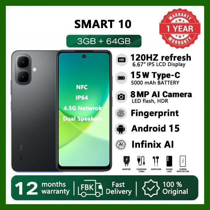 [Black Friday Offer] Infinix Smart 10 64GB 6.67" 120Hz Display Dual Speakers Dual SIM 4.5G Slim Phone 5000mAh Battery 15W Charging IP64 Fingerprint Lock Android 15 NFC One-Tap AI Smart Phones