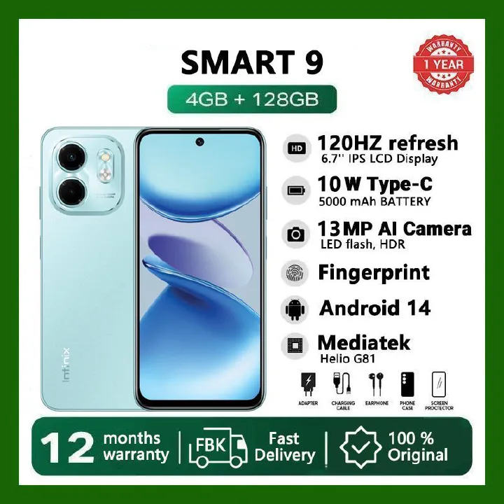 Infinix SMART 9 128GB + 8(4+4)GB 6.7" Display  Dual SIM 4G Network 5000mAh Battery With Type-C Charging 13MP Dual  Camera G81 Fingerprint Lock Android 14 Smart Phones