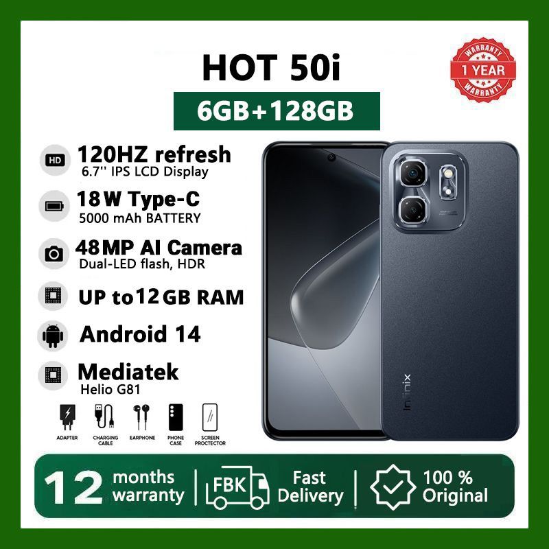 Infinix Hot 50i 128GB+12(6+6)GB 6.7" Screen Phone Dual SIM 4G Network 5000mAh Battery with 18W Type-C Charging 48MP Camera Fingerprint Lock Android 14 G81 Smartphones
