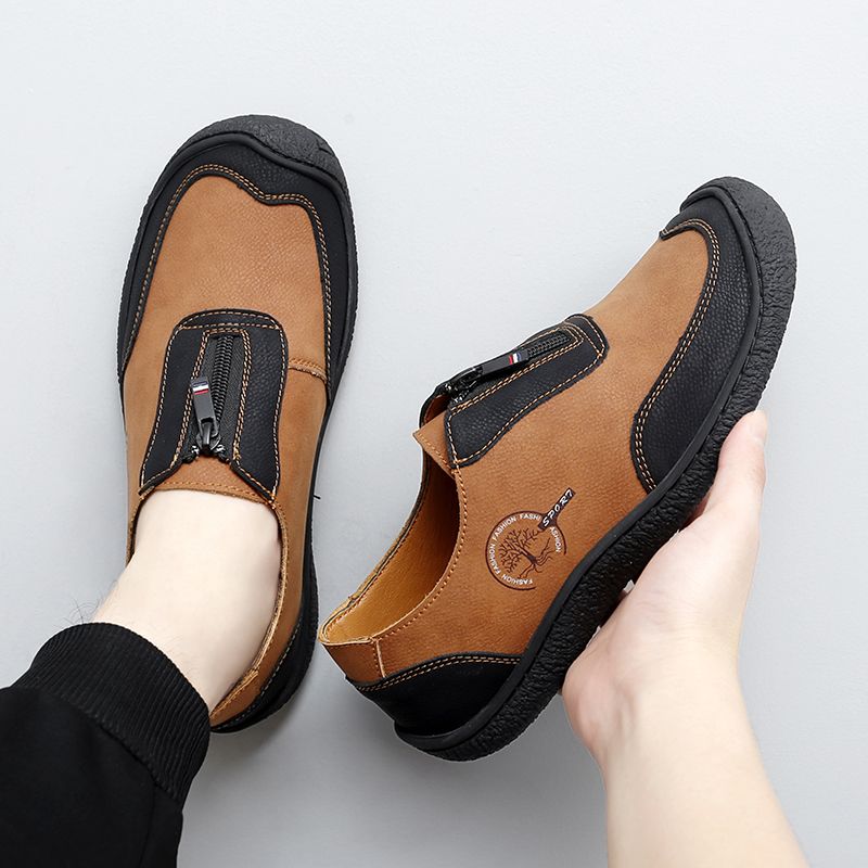 SocNoDn Men's Fashion Male Casual Spring Summer Genuine Leather Loafers Zipper Office Worker Walking Hiking Soft Shoes Durable