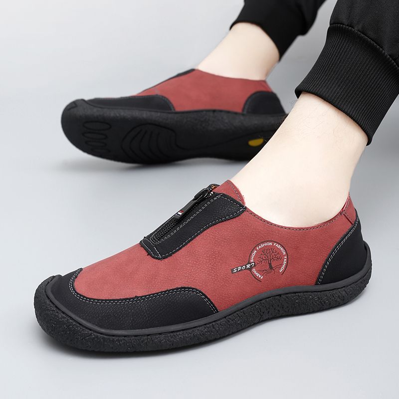 SocNoDn Men's Fashion Male Casual Spring Summer Genuine Leather Loafers Zipper Office Worker Walking Hiking Soft Shoes Durable