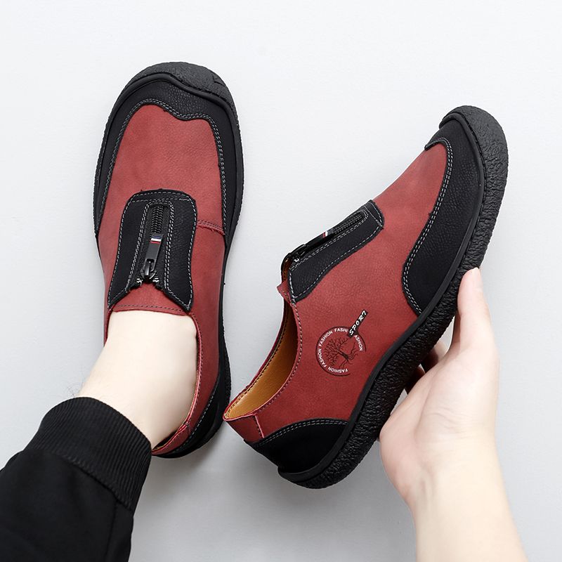 SocNoDn Men's Fashion Male Casual Spring Summer Genuine Leather Loafers Zipper Office Worker Walking Hiking Soft Shoes Durable