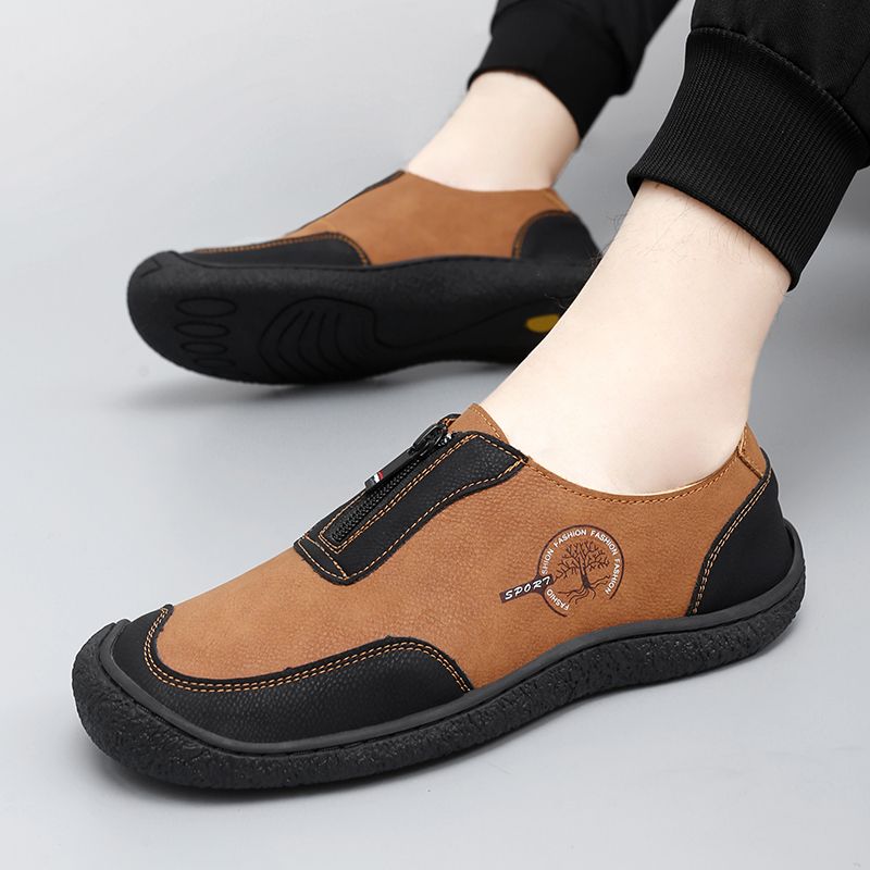 SocNoDn Men's Fashion Male Casual Spring Summer Genuine Leather Loafers Zipper Office Worker Walking Hiking Soft Shoes Durable
