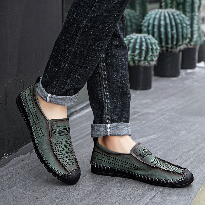 SocNoDn Men Fashion Casual Hollow Genuine Leather Summer Shoes Hiking Work Walking Boots Shoes Loafers Soft Quality