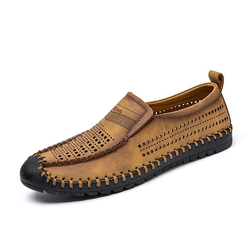 SocNoDn Men Fashion Casual Hollow Genuine Leather Summer Shoes Hiking Work Walking Boots Shoes Loafers Soft Quality