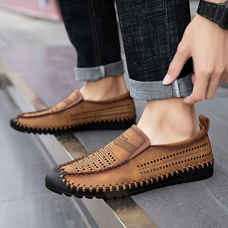 SocNoDn Men Fashion Casual Hollow Genuine Leather Summer Shoes Hiking Work Walking Boots Shoes Loafers Soft Quality