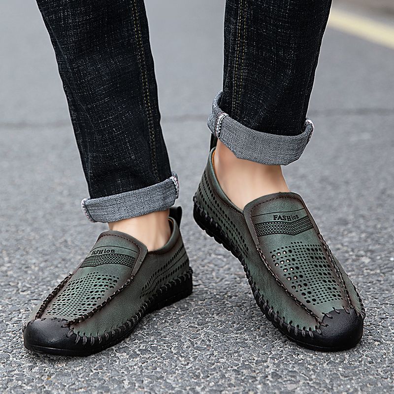 SocNoDn Men Fashion Casual Hollow Genuine Leather Summer Shoes Hiking Work Walking Boots Shoes Loafers Soft Quality