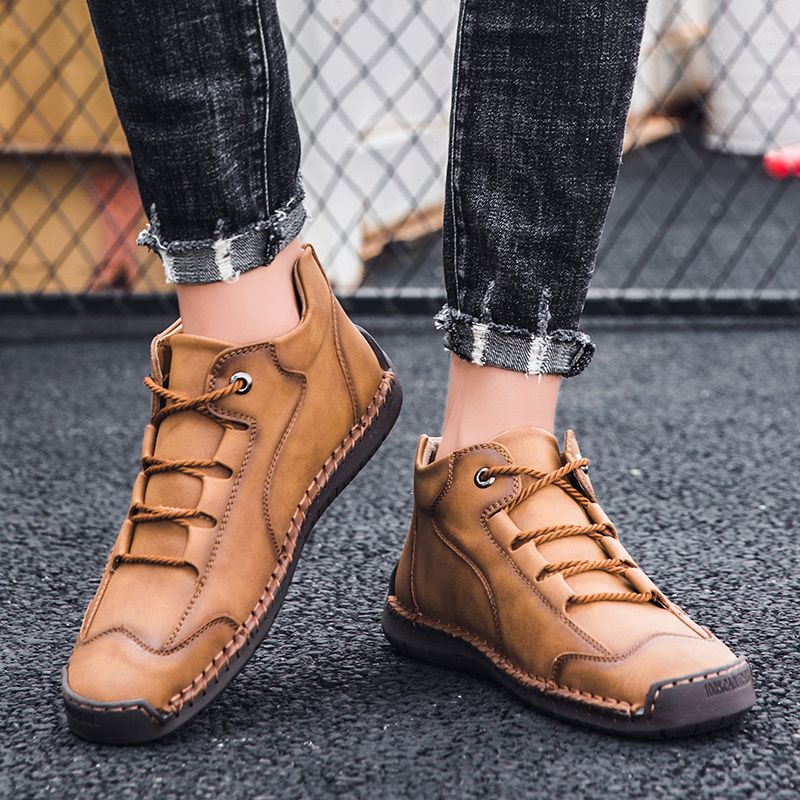 SocNoDn Mens Fashion Casual Quality-Leather Walking Work Ankle Boots Men Climbing Hiking High-top Boots Shoes Soft