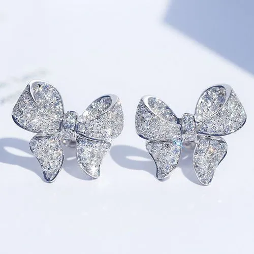 1-pair butterfly earrings electroplated with 18k white gold bow and simulated zircon earrings, 1 carat fashionable and luxurious butterfly earrings for women