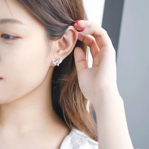1-pair butterfly earrings electroplated with 18k white gold bow and simulated zircon earrings, 1 carat fashionable and luxurious butterfly earrings for women
