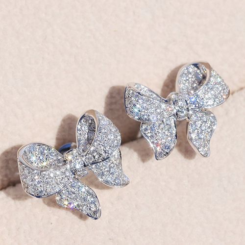 1-pair butterfly earrings electroplated with 18k white gold bow and simulated zircon earrings, 1 carat fashionable and luxurious butterfly earrings for women