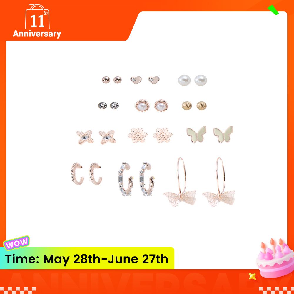 12-Pair Fashion Premium Sense Classic Stud Earrings Set Set Woman Butterfly Peach Heart Set Diamond Earrings Wholesale New Arrival Gift Christmas Black Friday Valentine's Day