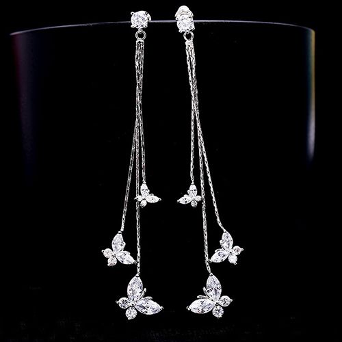 1-pair 925 silver electroplating earrings stu long tassel zircon three  butterfly earrings fashion lady style