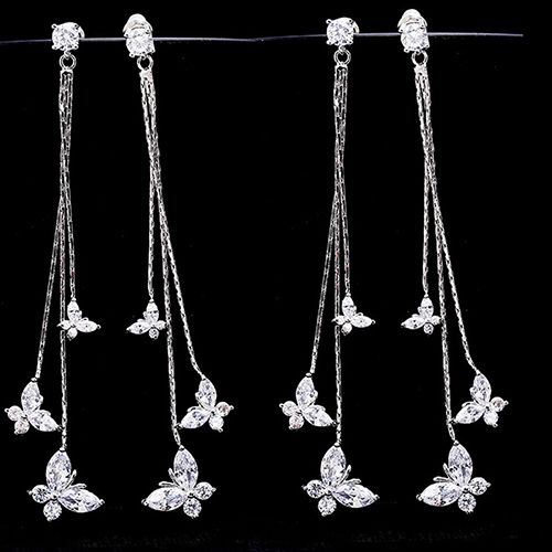 1-pair 925 silver electroplating earrings stu long tassel zircon three  butterfly earrings fashion lady style