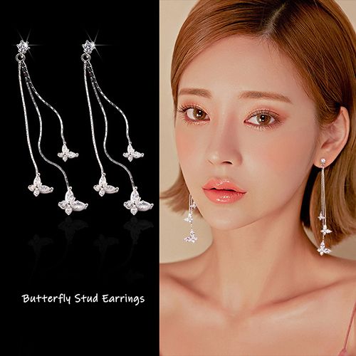 1-pair 925 silver electroplating earrings stu long tassel zircon three  butterfly earrings fashion lady style