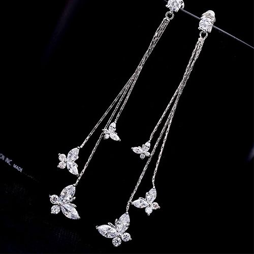1-pair 925 silver electroplating earrings stu long tassel zircon three  butterfly earrings fashion lady style