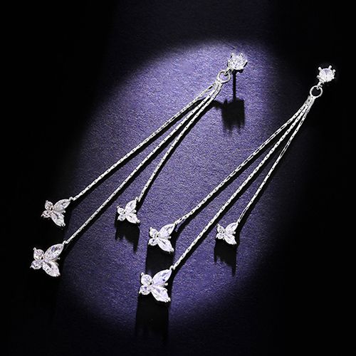 1-pair 925 silver electroplating earrings stu long tassel zircon three  butterfly earrings fashion lady style