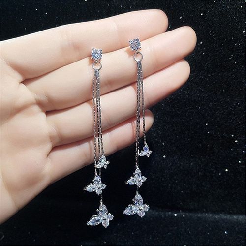 1-pair 925 silver electroplating earrings stu long tassel zircon three  butterfly earrings fashion lady style