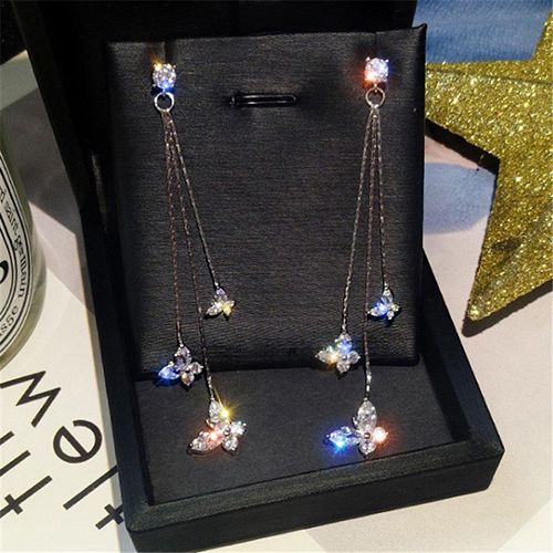 1-pair 925 silver electroplating earrings stu long tassel zircon three  butterfly earrings fashion lady style